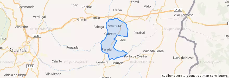 Mapa de ubicacion de Amoreira, Parada e Cabreira.