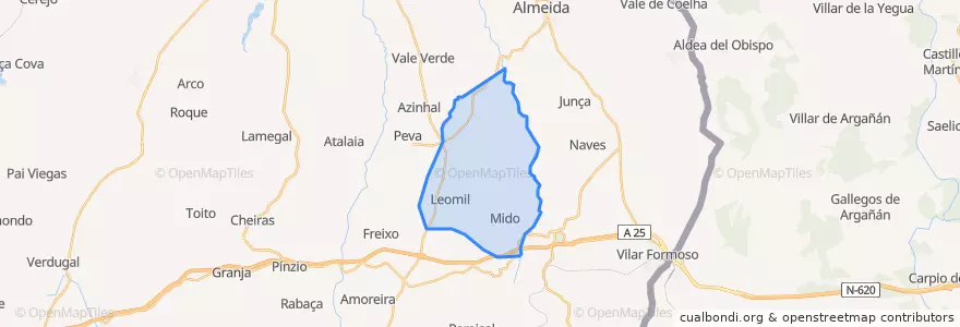 Mapa de ubicacion de Leomil, Mido, Senouras e Aldeia Nova.