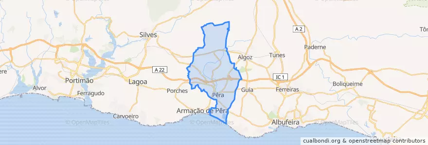 Mapa de ubicacion de Alcantarilha e Pêra.