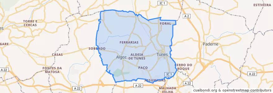 Mapa de ubicacion de Algoz e Tunes.