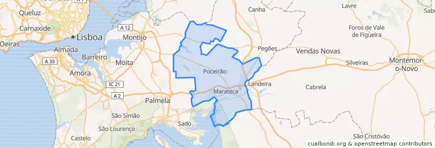 Mapa de ubicacion de Poceirão e Marateca.