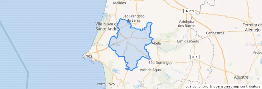 Mapa de ubicacion de Santiago do Cacém, Santa Cruz e São Bartolomeu da Serra.