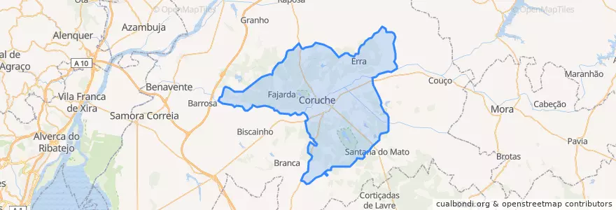 Mapa de ubicacion de Coruche, Fajarda e Erra.
