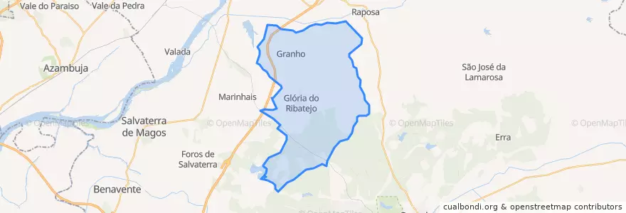 Mapa de ubicacion de Glória do Ribatejo e Granho.