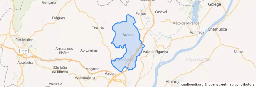 Mapa de ubicacion de Achete, Azoia de Baixo e Póvoa de Santarém.