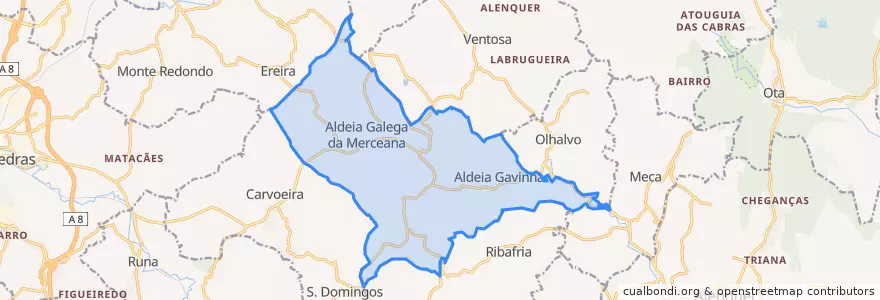 Mapa de ubicacion de Aldeia Galega da Merceana e Aldeia Gavinha.