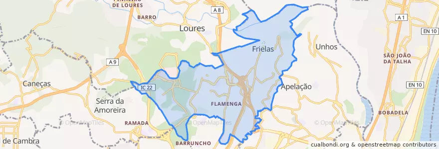 Mapa de ubicacion de Santo António dos Cavaleiros e Frielas.