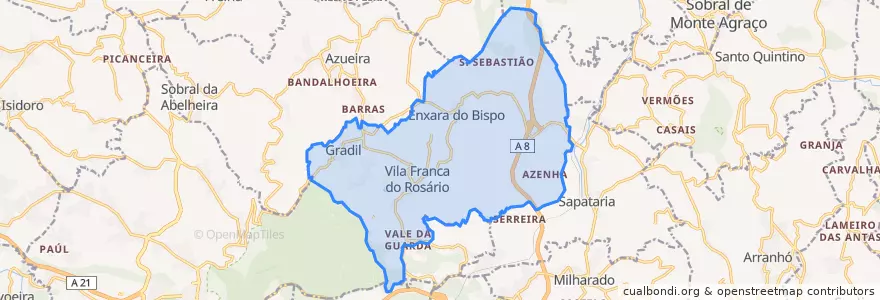 Mapa de ubicacion de Enxara do Bispo, Gradil e Vila Franca do Rosário.