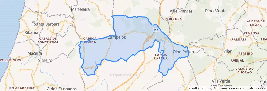 Mapa de ubicacion de Campelos e Outeiro da Cabeça.