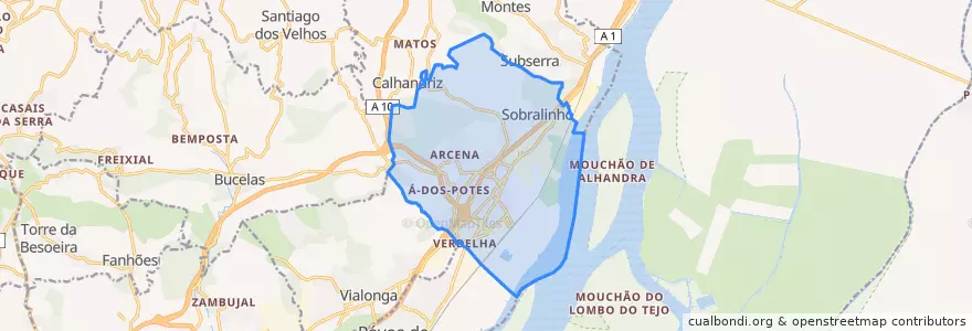 Mapa de ubicacion de Alverca do Ribatejo e Sobralinho.
