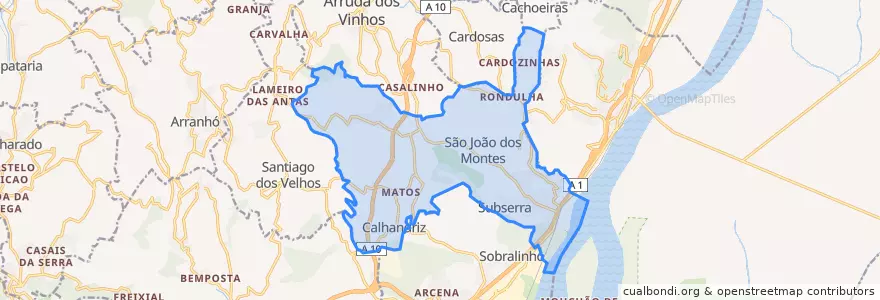 Mapa de ubicacion de Alhandra, São João dos Montes e Calhandriz.