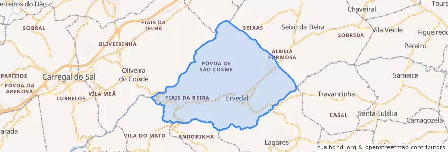 Mapa de ubicacion de Ervedal e Vila Franca da Beira.
