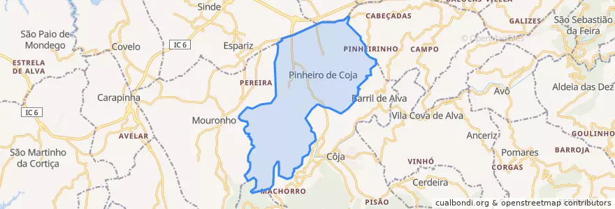 Mapa de ubicacion de Pinheiro de Coja e Meda de Mouros.