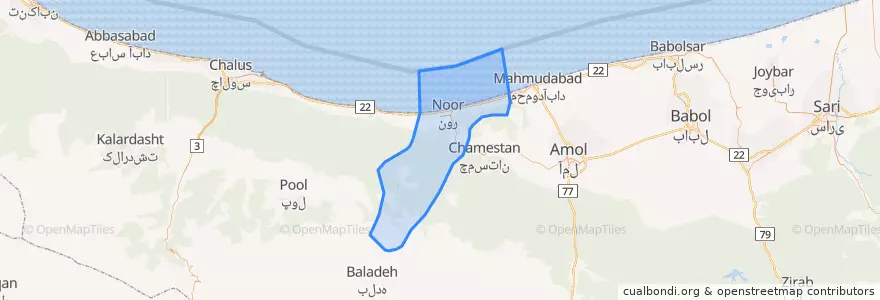 Mapa de ubicacion de بخش مرکزی شهرستان نور.