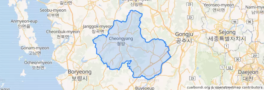 Mapa de ubicacion de 청양군.