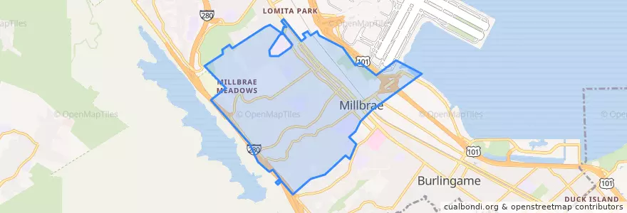 Mapa de ubicacion de Millbrae.