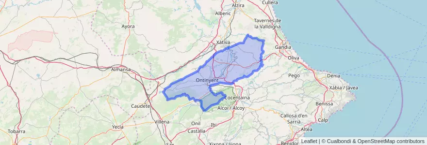 Mapa de ubicacion de la Vall d'Albaida.