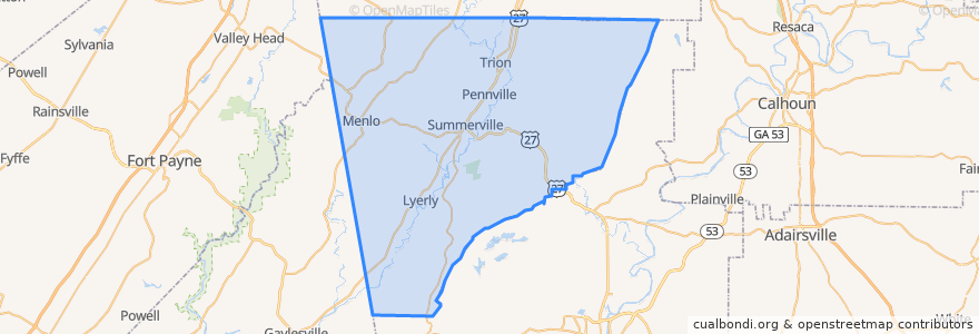 Mapa de ubicacion de Chattooga County.