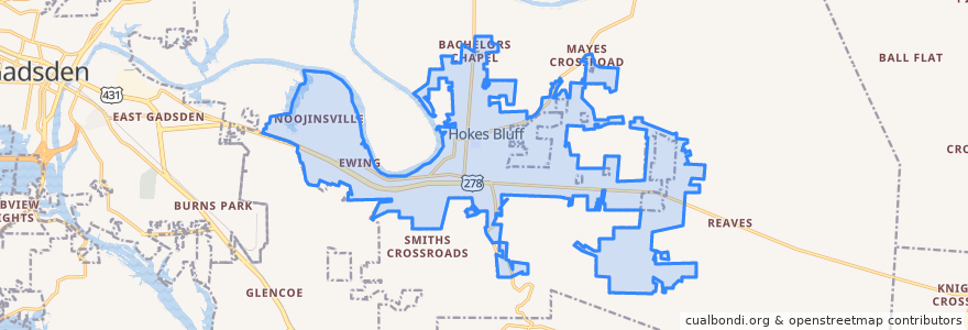 Mapa de ubicacion de Hokes Bluff.