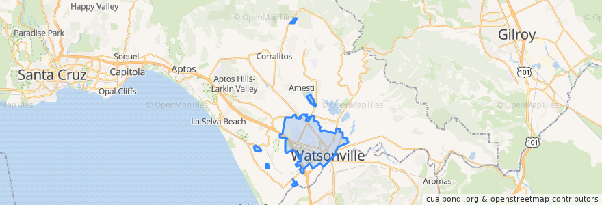 Mapa de ubicacion de Watsonville.