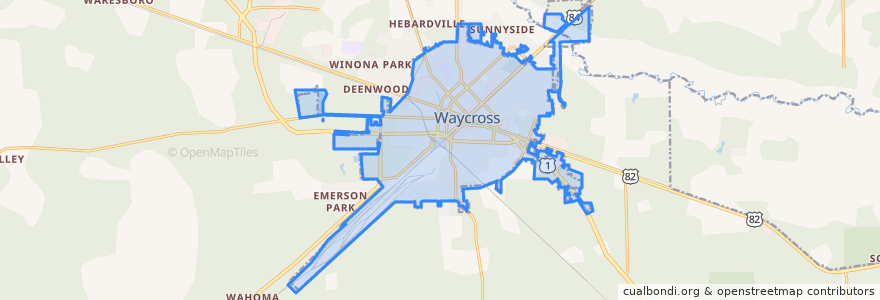 Mapa de ubicacion de Waycross.