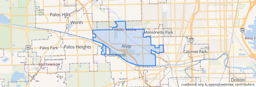 Mapa de ubicacion de Alsip.