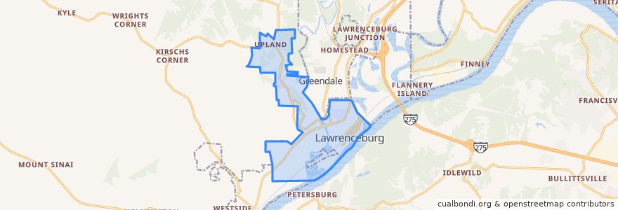 Mapa de ubicacion de Lawrenceburg.