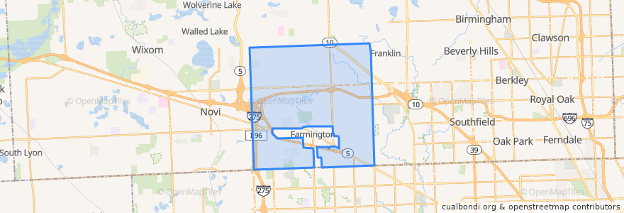 Mapa de ubicacion de Farmington Hills.