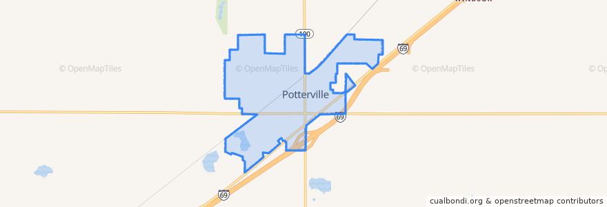 Mapa de ubicacion de Potterville.