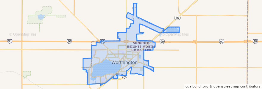 Mapa de ubicacion de Worthington.