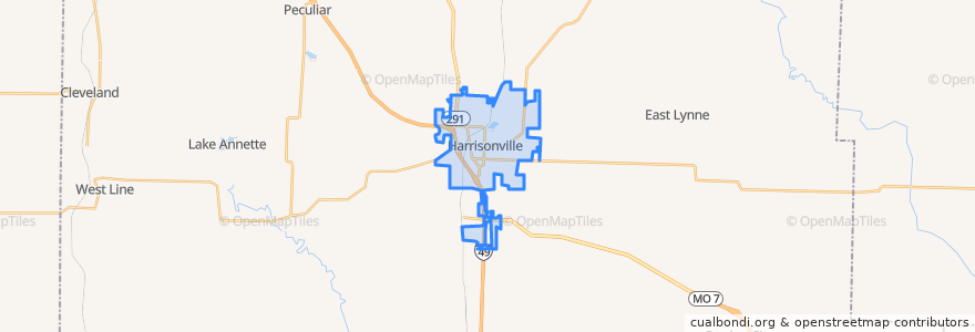 Mapa de ubicacion de Harrisonville.