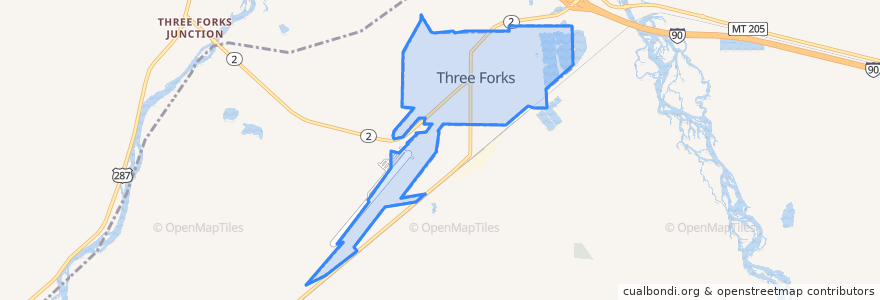 Mapa de ubicacion de Three Forks.