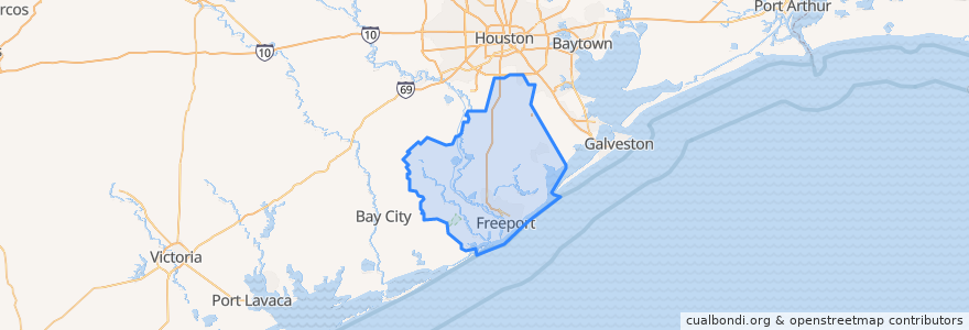 Mapa de ubicacion de Brazoria County.