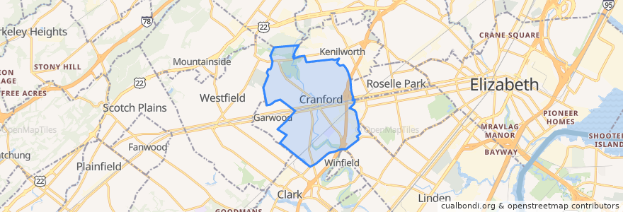 Mapa de ubicacion de Cranford.