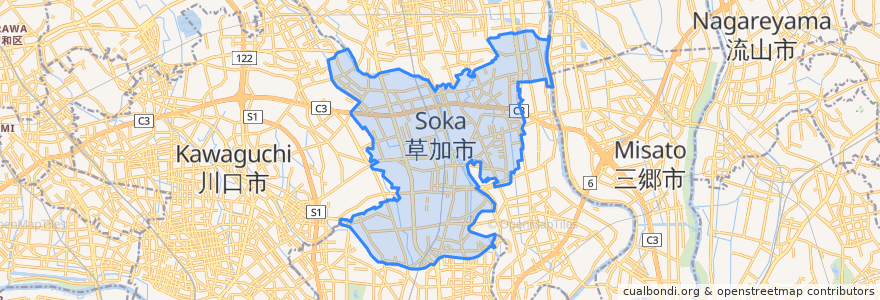 Mapa de ubicacion de 草加市.