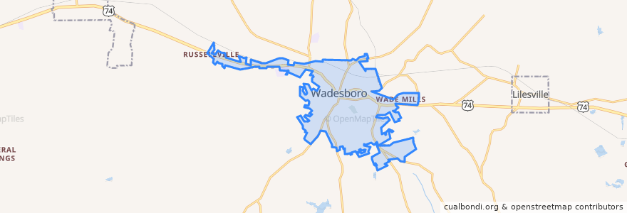 Mapa de ubicacion de Wadesboro.