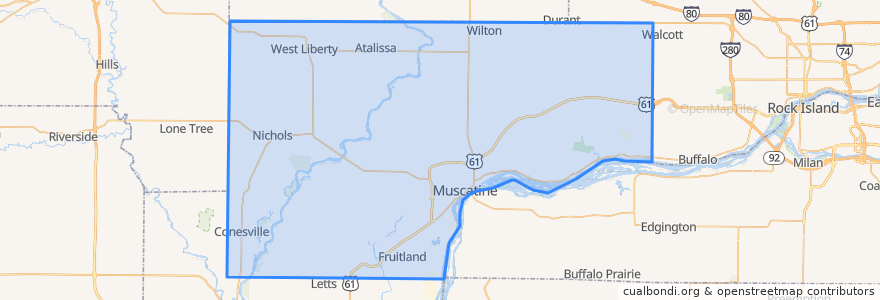 Mapa de ubicacion de Muscatine County.