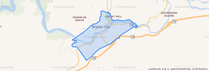 Mapa de ubicacion de Bryson City.
