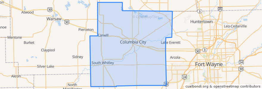 Mapa de ubicacion de Whitley County.