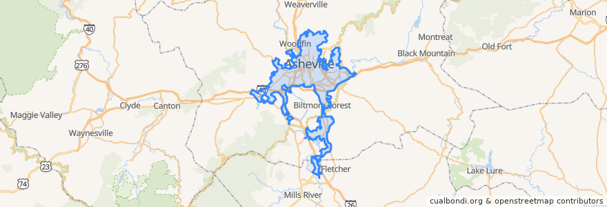 Mapa de ubicacion de Asheville.