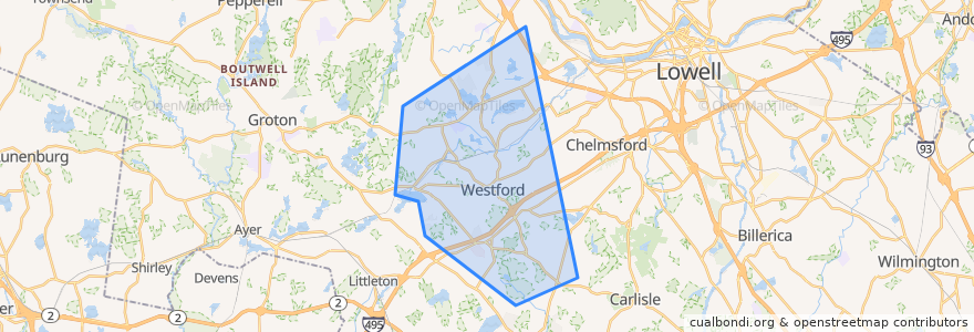 Mapa de ubicacion de Westford.