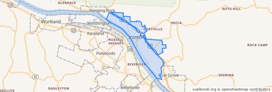 Mapa de ubicacion de Ironton.