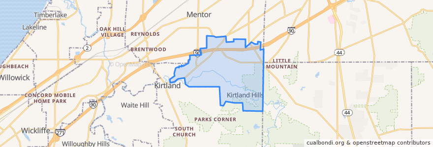 Mapa de ubicacion de Kirtland Hills.