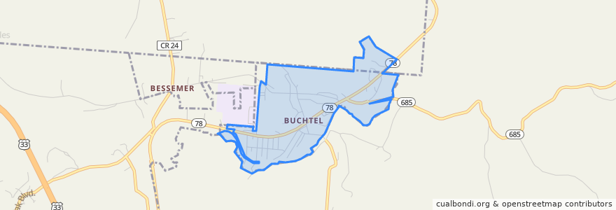 Mapa de ubicacion de Buchtel.