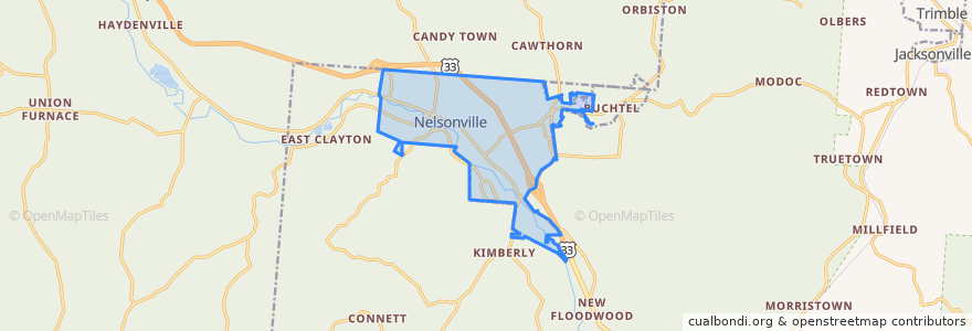 Mapa de ubicacion de Nelsonville.