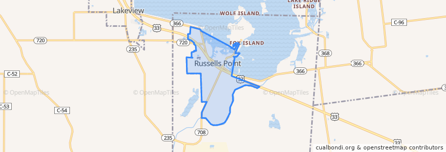 Mapa de ubicacion de Russells Point.