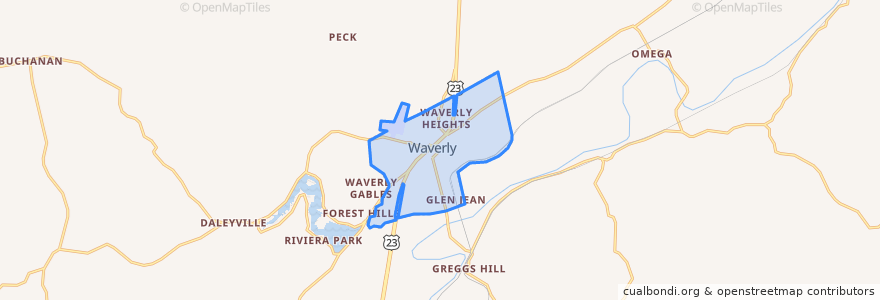 Mapa de ubicacion de Waverly City.