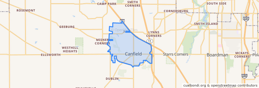 Mapa de ubicacion de Canfield.