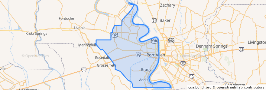 Mapa de ubicacion de West Baton Rouge Parish.