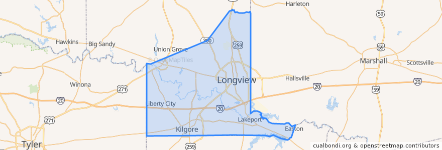 Mapa de ubicacion de Gregg County.